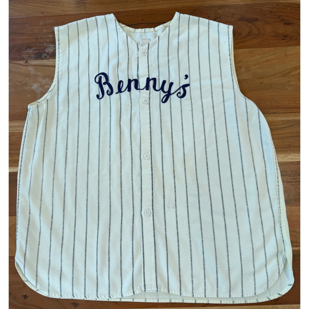 Vintage Bennys Pinstripe Baseball Jersey Sleeveless Vest Number 22 Cream Blue
